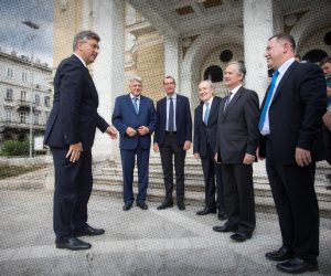 16.07.2021., Rijeka - U Hrvatskom narodnom kazalistu Ivan pl Zajc odrzana je svecanost obiljezavanja 30. godisnjice osnutka Talijanske unije. Predsjednik Vlade Andrej Plenkovic, primorsko-goranski zupan Zlatko Komadina, gradonacelnik Rijeke Marko Filipovic, Furio Radin Photo: Nel Pavletic/PIXSELL