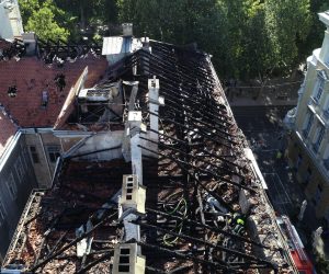 19.07.2022.,Zagreb - Pogled iz zraka na  kroviste koje je jucer izgorilo. U centru Zagreba sinoc je buknuo veliki pozar u kojem je gorilo kroviste zgrade u Berislavicevoj ulici.Iako je vatrena stihija izgledala dramaticno, vatrogasci su pozar u vrlo kratkom roku stavili pod nadzor. Photo: JVP Zagreb/PIXSELL