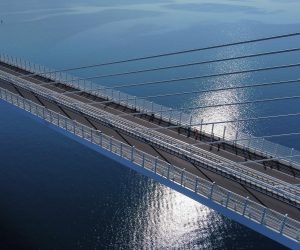 26.07.2022., Brijesta - Pogled iz zraka na prvu utrku odrzanu na Peljeskom mostu. Trkaci su krenuli  od strane Brijeste i trce do sredine Peljeskog mosta, zatim se okrecu i vracaju natrag, prijeci ce oko 5 kilometara  Photo: Milan Sabic/PIXSELL