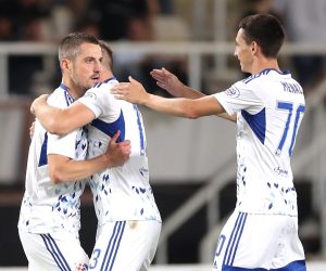 26.07.2022., Nacionalna Arena Todor Proeski, Skopje, Sjeverna Makedonija - Druga utakmica 2. pretkola UEFA Lige prvaka FC Shkupi 1927 - GNK Dinamo. Stefan Ristovski, Arijan Ademi, Luka Menalo Photo: Luka Stanzl/PIXSELL