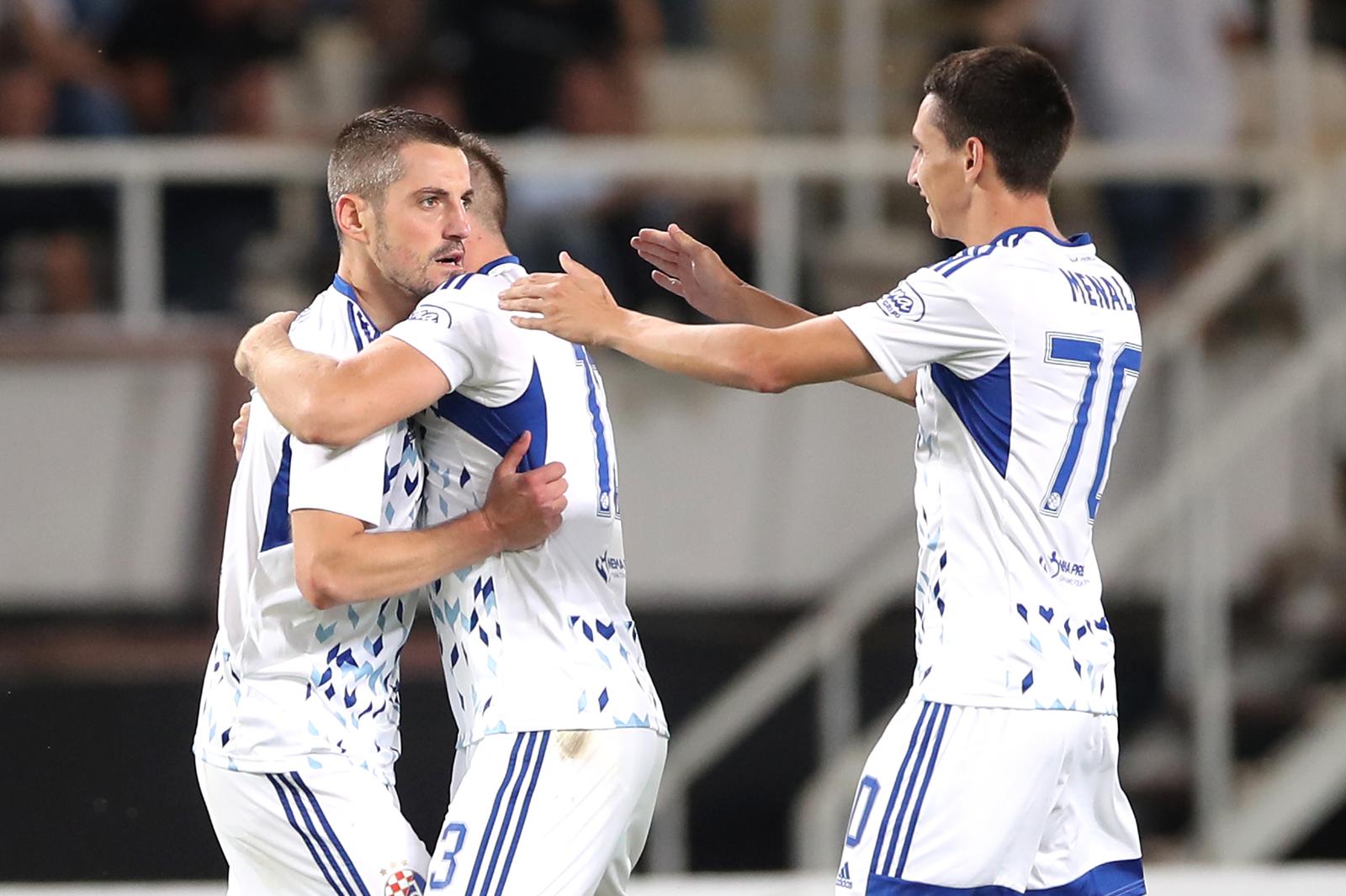 26.07.2022., Nacionalna Arena Todor Proeski, Skopje, Sjeverna Makedonija - Druga utakmica 2. pretkola UEFA Lige prvaka FC Shkupi 1927 - GNK Dinamo. Stefan Ristovski, Arijan Ademi, Luka Menalo Photo: Luka Stanzl/PIXSELL