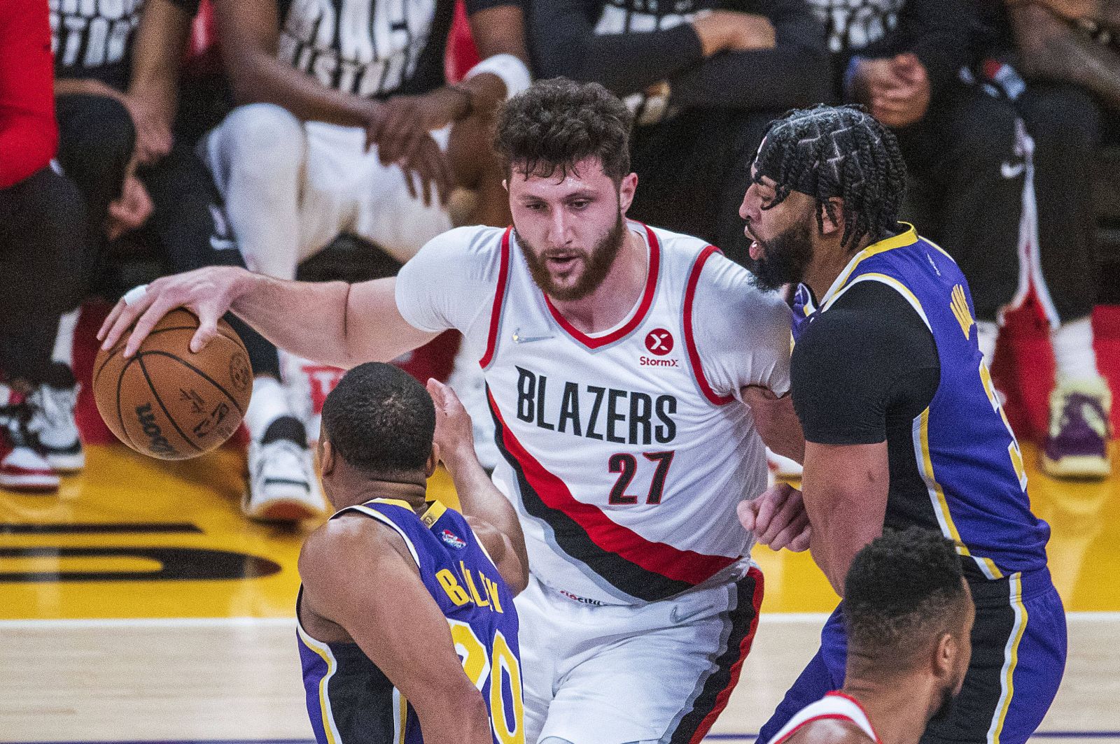 February 2, 2022, Los Angeles, California, USA: Anthony Davis 3 of the Los Angeles Lakers defends against Jusuf Nurkic 27 of the Portland Trail Blazers during their NBA, Basketball Herren, USA game on Wednesday February 2, 2022 at Crypto.com Arena in Los Angeles, California. /PI Los Angeles USA - ZUMAp124 20220202_zaa_p124_007 Copyright: xJAVIERxROJASx