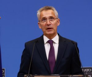 epa10068477 NATO Secretary General Jens Stoltenberg attends a joint press conference with Albanian Prime Minister Rama after their meeting at NATO headquarters in Brussels, Belgium, 13 July 2022.  EPA/STEPHANIE LECOCQ