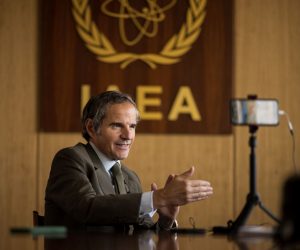 epa10079287 Rafael Mariano Grossi of Argentina, Director General of the International Atomic Energy Agency (IAEA), during an interview with Spanish international news agency EFE, at the IAEA headquarters of the UN seat in Vienna, Austria, 18 July 2022 (issued 19 July 2022).  EPA/CHRISTIAN BRUNA