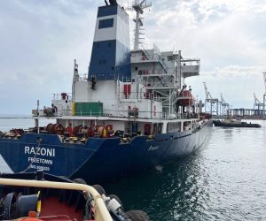 epa10101075 A handout photo made available by the Turkish Defence Ministry Press Office shows Sierra Leone-flagged cargo ship Razoni as it leaves the port of Odesa, Ukraine, 01 August 2022. The Razoni carries over 26,000 tons of corn and is bound for Tripoli, Lebanon with a stopover in Istanbul for inspection. It is the first ship exporting Ukrainian grain since a safe passage deal was signed between Ukraine and Russia on 22 July in Istanbul. Russian troops on 24 February entered Ukrainian territory, starting a conflict that has provoked destruction and a humanitarian crisis.  EPA/TURKISH DEFENCE MINISTRY HANDOUT  HANDOUT EDITORIAL USE ONLY/NO SALES