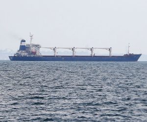 epa10101160 Sierra Leone-flagged cargo ship 'Razoni' leaves the port of Odesa, Ukraine, 01 August 2022. The Razoni carries over 26,000 tons of corn and is bound for Tripoli, Lebanon with a stopover in Istanbul for inspection. It is the first ship exporting Ukrainian grain since a safe passage deal was signed between Ukraine and Russia on 22 July in Istanbul. Russian troops on 24 February entered Ukrainian territory, starting a conflict that has provoked destruction and a humanitarian crisis.  EPA/STR