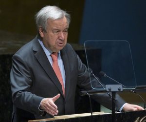 epa10101611 United Nations Secretary-General Antonio Guterres addresses the Tenth Review Conference of the Parties to the Treaty on the Non-Proliferation of Nuclear Weapons (NPT) at United Nations headquarters in New York, New York, USA, 01 August 2022. The NPT is an international treaty intended to prevent the spread of nuclear weapons and promote the safety of nuclear energy, with the long term objective of achieving complete disarmament.  EPA/JUSTIN LANE