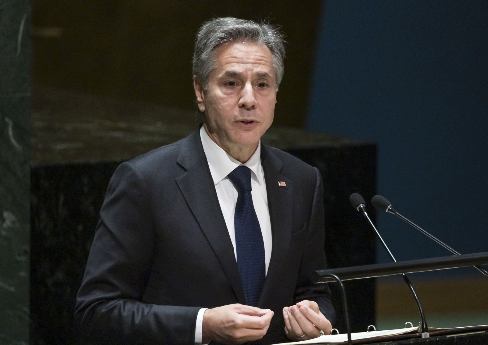 epa10101745 United States Secretary of State Anthony Blinken addresses the Tenth Review Conference of the Parties to the Treaty on the Non-Proliferation of Nuclear Weapons (NPT) at United Nations headquarters in New York, New York, USA, 01 August 2022. The NPT is an international treaty intended to prevent the spread of nuclear weapons and promote the safety of nuclear energy, with the long term objective of achieving complete disarmament.  EPA/JUSTIN LANE