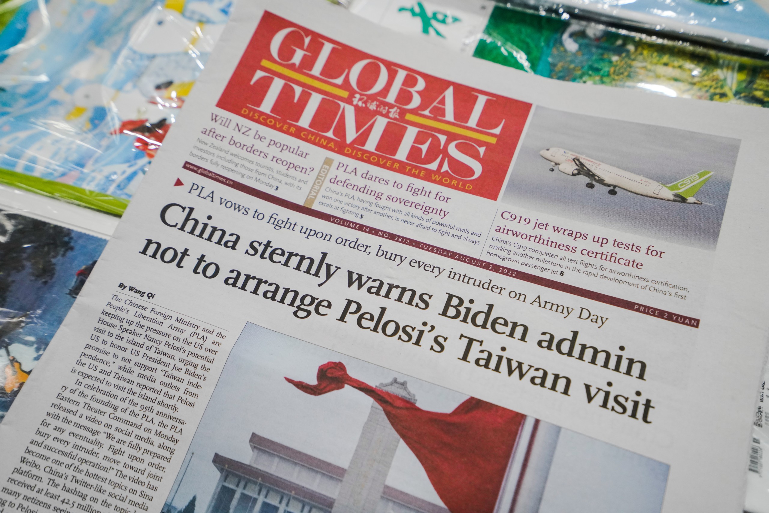 epa10102795 An article on China's response to US House of Representatives Speaker Nancy Pelosi's visit to Taiwan was published on the front page of the Global Times English version in Beijing, China, 02 August 2022. China has raised a warning stating its military will not sit idle if US House of Representatives Speaker Nancy Pelosi visits Taiwan. Pelosi is leading a Congressional delegation to the Indo-Pacific region with a visit to Singapore, Malaysia, South Korea and Japan.  EPA/WU HAO