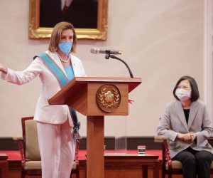 epa10103554 A handout photo made available by the Taiwan Presidential office shows US House Speaker Nancy Pelosi (L) making her speech as Taiwan President Tsai Ing-wen looks on during their meeting at the Presidential Palace in Taipei, Taiwan, 03 August 2022. Pelosi, the highest ranking US official to visit the island in 25 years,  began her visit in Taiwan despite strong warnings of military action from China against the visit.  EPA/TAIWAN PRESIDENTIAL PALACE HANDOUT  HANDOUT EDITORIAL USE ONLY/NO SALES