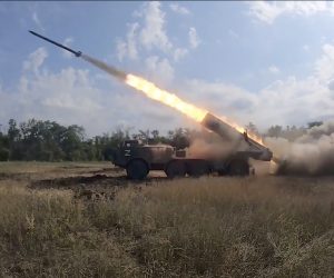 epa10105441 A still image taken from a handout video made available by the Russian Defence Ministry's press service shows a Russian multiple launch rocket systems 'Hurricane' firing a rocket during battles at an undisclosed location in Ukraine, 03 August 2022 (issued 04 August 2022). On 24 February 2022 Russian troops entered the Ukrainian territory in what the Russian president declared as a 'Special Military Operation', starting an armed conflict that has provoked destruction and a humanitarian crisis.  EPA/RUSSIAN DEFENCE MINISTRY PRESS SERVICE HANDOUT  HANDOUT EDITORIAL USE ONLY/NO SALES