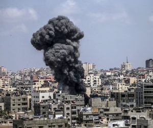 epa10108486 Smoke rises after an Israeli air strike in Gaza City, 06 August 2022. According to the Palestinian ministry of health, at least ten people were killed, including a child, in a series of Israeli airstrikes on multiple targets in the Gaza Strip including a residential apartment in neighborhood of Al-Rimal. Al-Quds Brigades, the armed wing of the Palestinian Islamic Jihad, announced that senior leader Tayseer al-Jabari was killed in the attacks.  EPA/HAITHAM IMAD