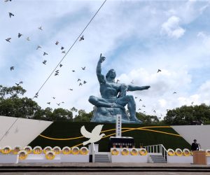 epa10112080 Doves are released during an official event at the Peace Park in Nagasaki, southern Japan, 09 August 2022. Nagasaki marks the 77th anniversary of the atomic bombing on 09 August. In 1945, the United States dropped two nuclear bombs over the cities of Hiroshima and Nagasaki on 06 and 09 August respectively, killing more than 200,000 people.  EPA/JIJI PRESS JAPAN OUT EDITORIAL USE ONLY/