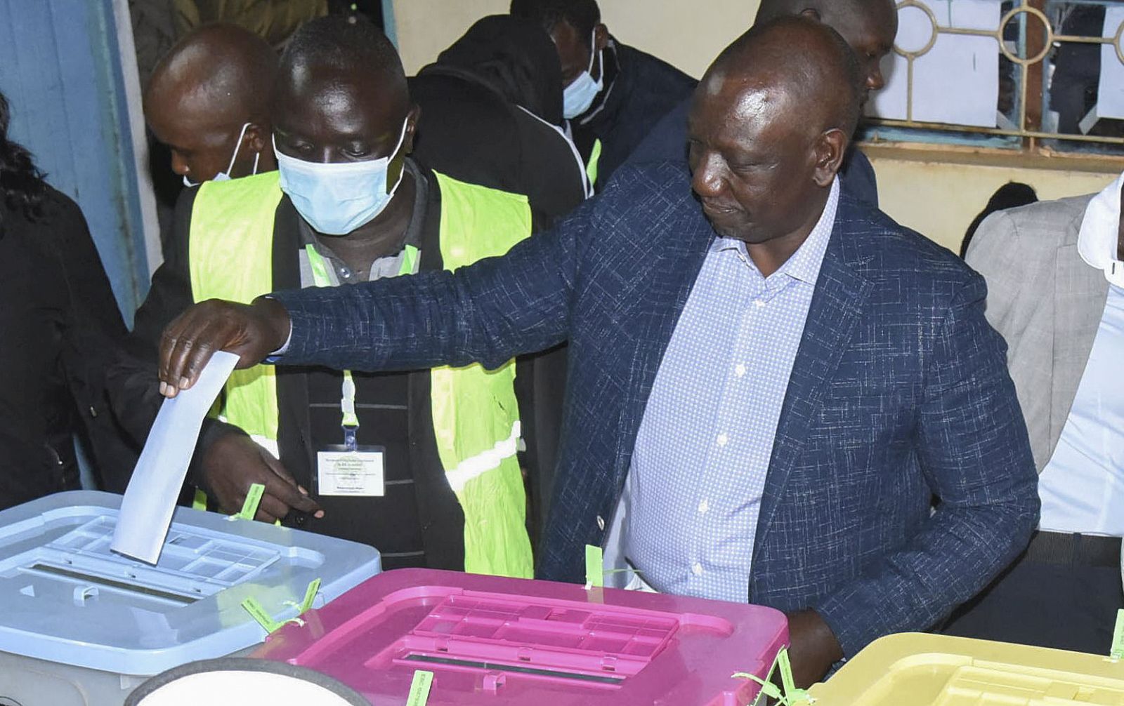 epa10112776 Deputy President William Ruto casts his vote at Kosachei Primary School poling station in Uasin Gishu County, Kenya, 09 August 2022. Kenyans voted to elect their leaders in general elections where incumbent Deputy President William Ruto, who is the Presidential candidate for the Kenya Kwanza political coalition, is being challenged by popular opposition leader Raila Odinga who leads the Azimio la Umoja (Declaration of Unity) political coalition.  EPA/STR
