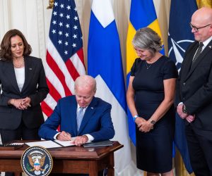 epa10113031 US President Joe Biden (C-L), alongside Vice President Kamala Harris (L), Swedish Ambassador to the US Karin Ulrika Olofsdotter (C-R), and Finnish Ambassador to the US Mikko Hautala (R), signs the Instruments of Ratification for the Accession Protocols to the North Atlantic Treaty (NATO) for Finland and Sweden in the East Room of the White House in Washington, DC, USA, 09 August 2022. The two Nordic countries are seeking to join NATO following Russia's invasion of Ukraine.  EPA/JIM LO SCALZO