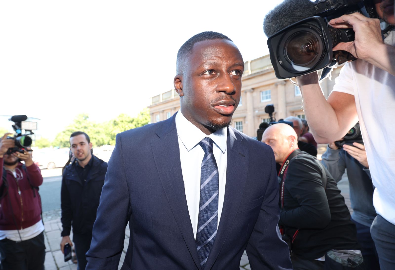 epa10113617 Manchester City and France international footballer Benjamin Mendy arrives at Chester Crown Court, Chester, Britain, 10 August 2022.  Mendy is on trial for eight counts of rape, one count of sexual assault and one count of attempted rape, relating to seven women.  EPA/Paul Currie