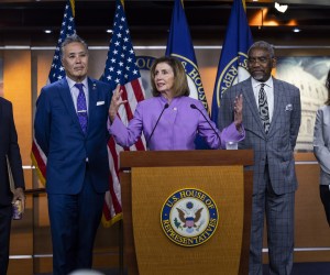 epa10114395 US Speaker of the House Nancy Pelosi (C), along with the Congressional delegation that traveled to Taiwan, speaks to the media about their trip in the US Capitol in Washington, DC, USA, 10 August 2022.  EPA/JIM LO SCALZO