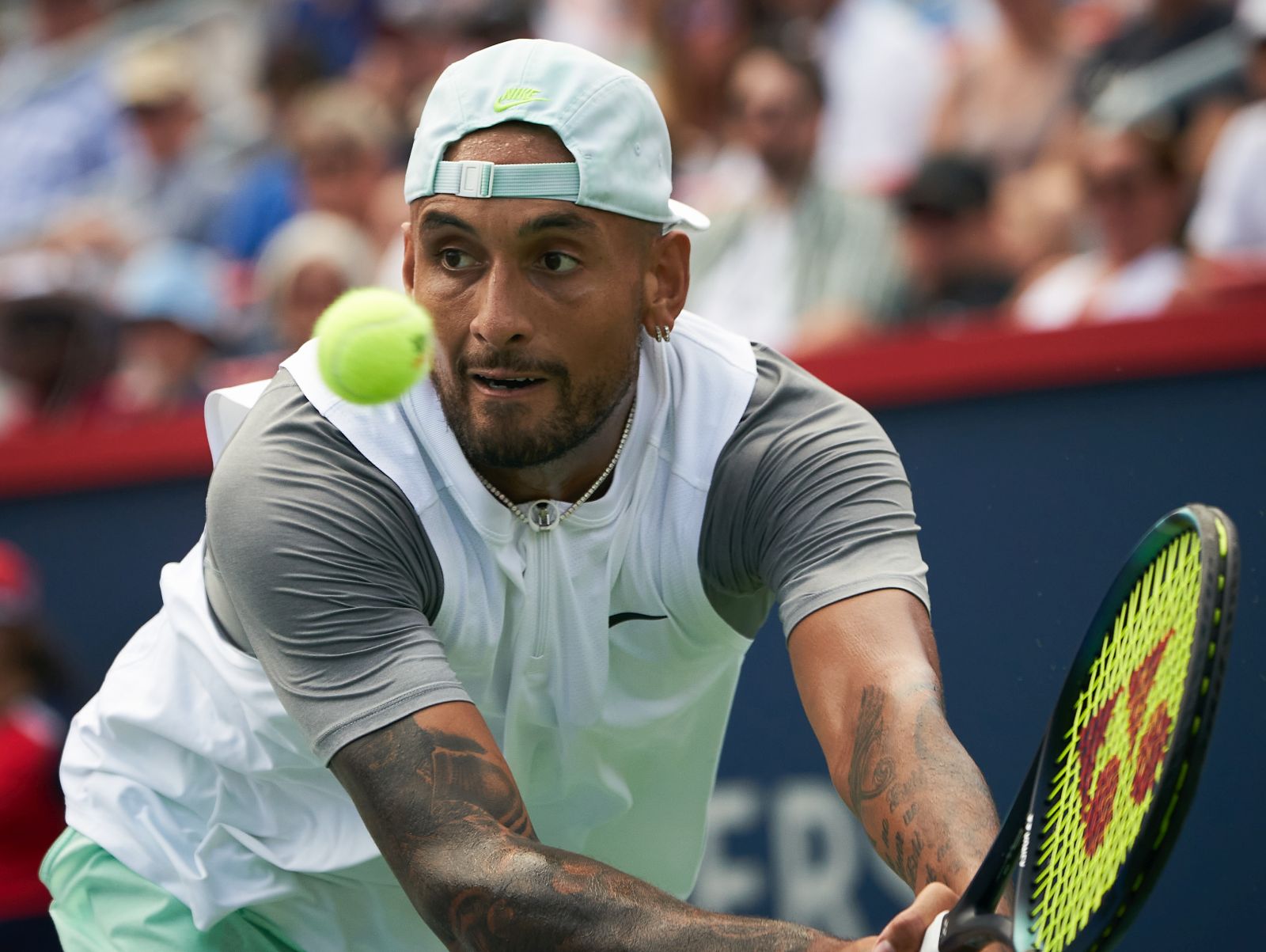 epa10114799 Nick Kyrgios of Australia in action against Daniil Medvedev of Russia during the men's ATP National Bank Open tennis tournament in Montreal, Canada, 10 August 2022.  EPA/ANDRE PICHETTE