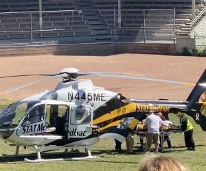 epa10117603 Frame grab from a video released via Twitter user @HoratioGates3 and used with permission, showing Salman Rushdie being loaded into a MedEvac helicopter after he and an interviewer were attacked while on stage at an event in Chautauqua, New York State, USA, 12 August 2022. The suspect was taken into custody, New York State police said. Rushdie, who was reportedly stabbed in the neck, was transported to a hospital.  EPA/@HoratioGates3 EDITORIAL USE ONLY, NO SALES HANDOUT EDITORIAL USE ONLY/NO SALES