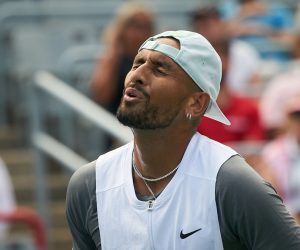 epa10114797 Nick Kyrgios of Australia reacts against Daniil Medvedev of Russia during the men's ATP National Bank Open tennis tournament in Montreal, Canada, 10 August 2022.  EPA/ANDRE PICHETTE