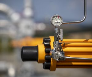 epa10122760 A gauge sits on outdoor pipework at the underground gas storage facility operated by RWE Gas Storage CZ near Haje u Pribrami, Czech Republic, 15 August 2022. The voluntary commitment by EU member states from the summer 2022 to reduce gas consumption by 15% means that the Czech Republic will have to save about a billion cubic meters at the national level.  EPA/MARTIN DIVISEK