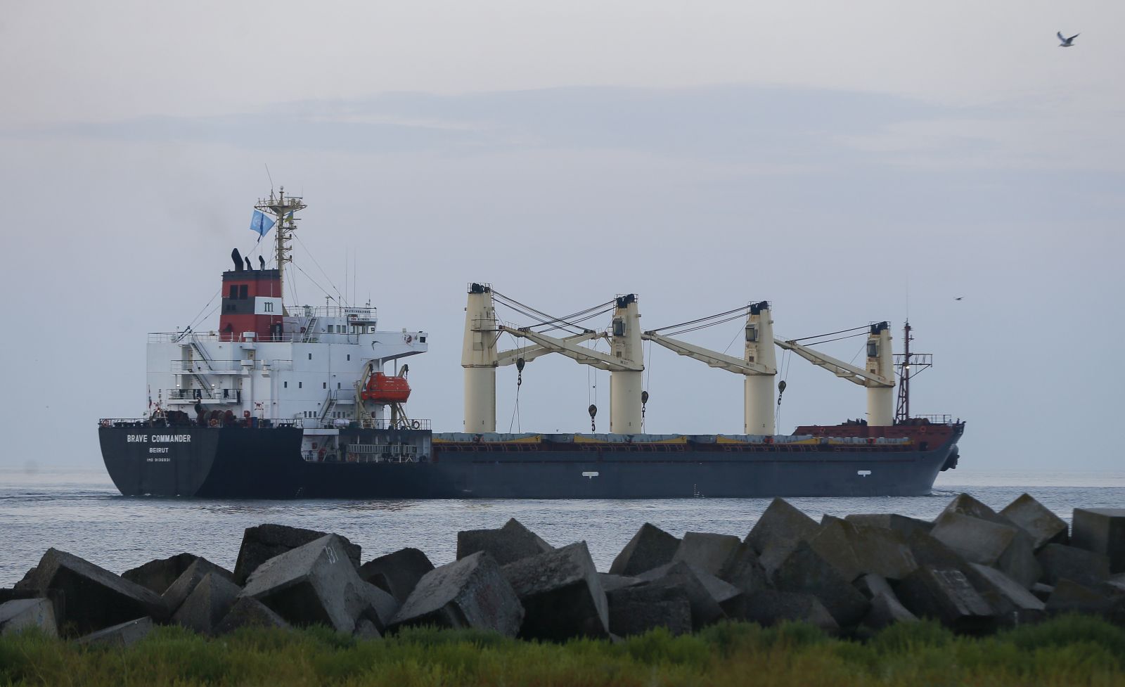 epa10123746 The Brave Commander bulker leaves Pivdennyi port near the South Ukrainian city of Odesa, Ukraine, 16 August 2022. The United Nations-chartered Brave Commander carries more than 23 thousand tons of wheat as the first humanitarian food aid cargo bound for Ethiopia from Ukraine after the start of the Russian invasion on Feburary 24 according to the Ukrainian Ministry of Infrastructure. Ukraine exports grain since a safe passage deal was signed between Ukraine and Russia on 22 July in Istanbul.  EPA/STR