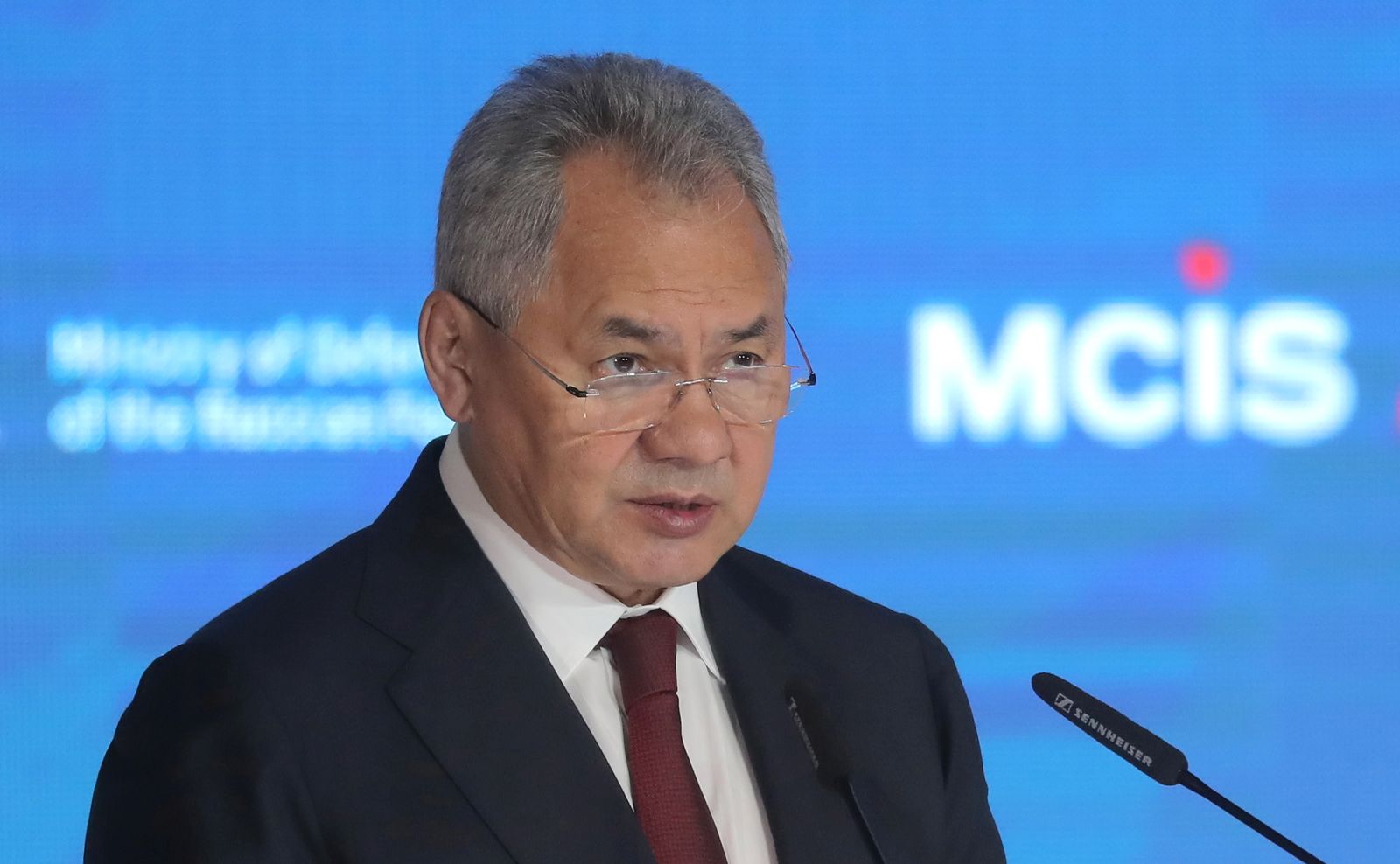 epa10123951 Russian Defence Minister Sergei Shoigu speaks during the Moscow Conference on International Security (MCIS) at the Patriot Park in Kubinka, Moscow region, Russia, 16 August 2022. The 10th Moscow Conference on International Security takes place on 15-16 August at the Russian Armed Forces' Patriot Park.  EPA/MAXIM SHIPENKOV