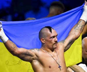epa10131332 Oleksandr Usyk of Ukraine reacts after defeating Anthony Joshua of Great Britain during the world heavyweight title fight between IBF, WBA and WBO titleholder Oleksandr Usyk and his challenger Anthony Joshua, at the Jeddah Superdome, Saudi Arabia, 21 August 2022. It is the second bout between the two after Usyk beat Joshua in London in September 2021.  EPA/ALI HAMED KHAMAJ
