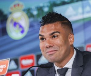 epa10133209 Real Madrid's Brazilian midfielder Carlos Henrique 'Casemiro' during his farewell at Valdebebas Sports City in Madrid, Spain, 22 August 2022. Casemiro has signed for the next five seasons with Manchester United.  EPA/JUAN CARLOS HIDALGO