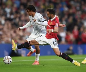 epa10133873 Bruno Fernandes of Manchester United (R) in action against trent Alexander-Arnold of Liverpool during the English Premier League soccer match between Manchester United and Liverpool FC in Manchester, Britain, 22 August 2022.  EPA/PETER POWELL EDITORIAL USE ONLY. No use with unauthorized audio, video, data, fixture lists, club/league logos or 'live' services. Online in-match use limited to 120 images, no video emulation. No use in betting, games or single club/league/player publications