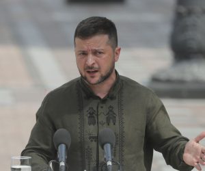 epa10134484 Ukrainian President Volodymyr Zelensky speaks during a joint press conference with his Polish counterpart (not pictured) in Kyiv (Kiev), Ukraine, 23 August 2022. The president of Poland arrived in Kyiv to meet with top officials and express his support for Ukraine, one day before the Ukrainian Independence Day celebrations of 24 August, a date that also marks six months since the beginning of the Russian invasion.  EPA/SERGEY DOLZHENKO