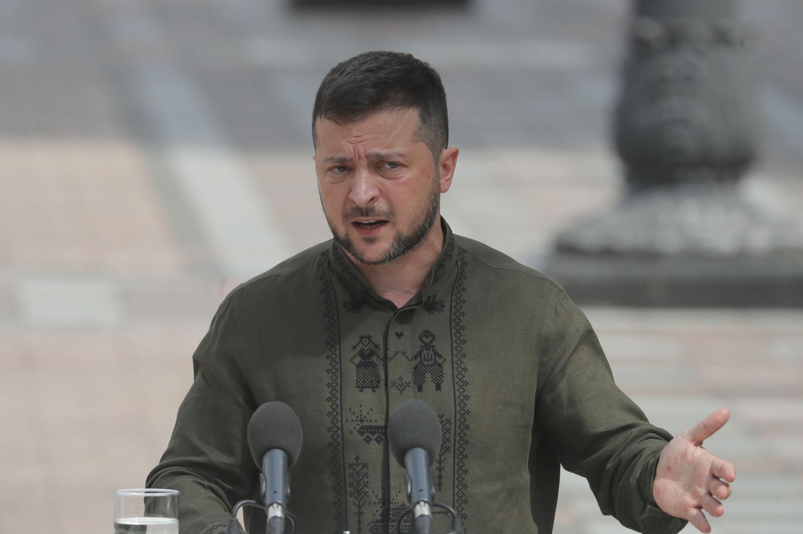 epa10134484 Ukrainian President Volodymyr Zelensky speaks during a joint press conference with his Polish counterpart (not pictured) in Kyiv (Kiev), Ukraine, 23 August 2022. The president of Poland arrived in Kyiv to meet with top officials and express his support for Ukraine, one day before the Ukrainian Independence Day celebrations of 24 August, a date that also marks six months since the beginning of the Russian invasion.  EPA/SERGEY DOLZHENKO