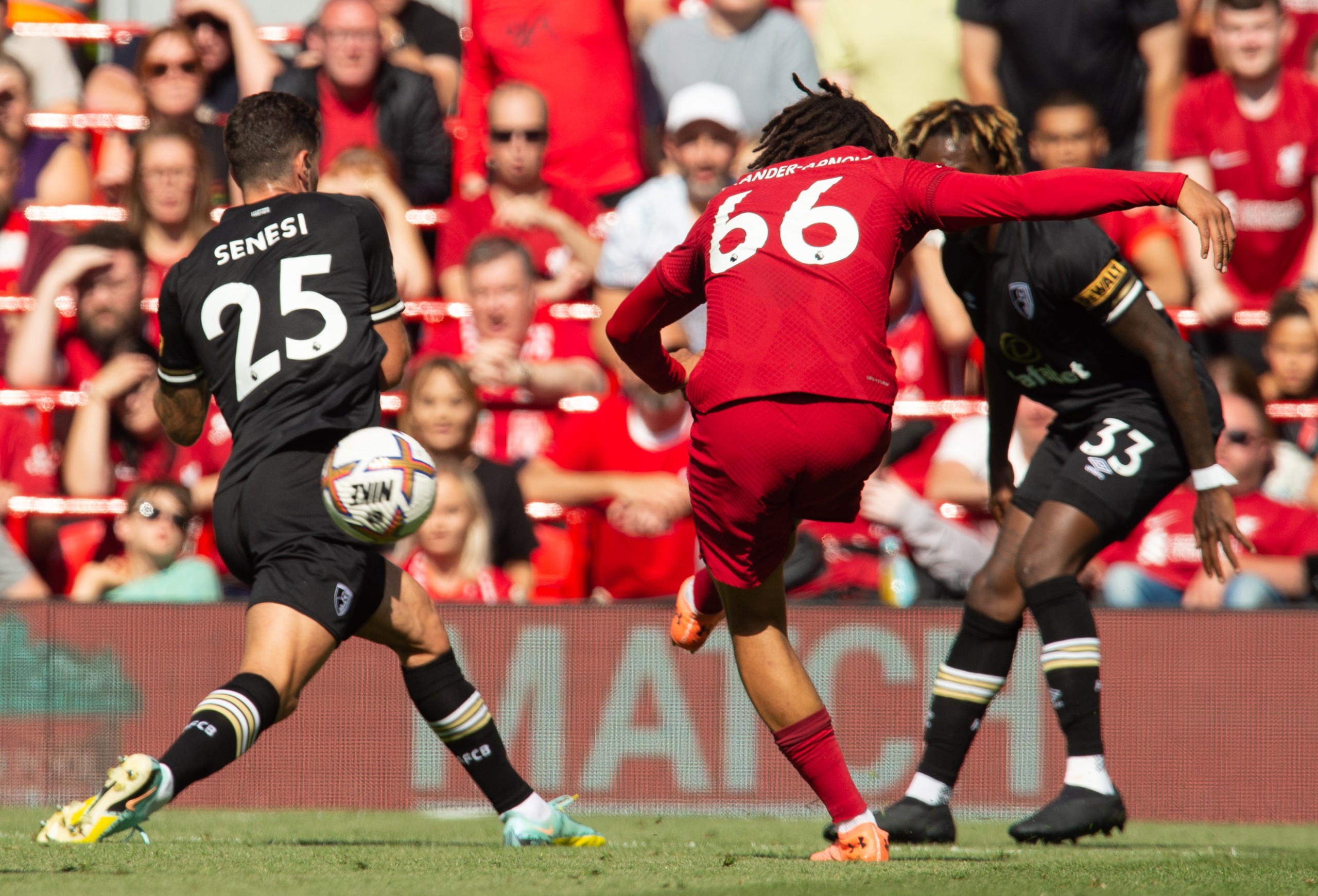 epa10141681 Liverpool's Trent Alexander-Arnold scores the third goal making the score 3-0 during the English Premier League soccer match between Liverpool and Bournemouth at Anfield in Liverpool, Britain, 27 August 2022.  EPA/PETER POWELL EDITORIAL USE ONLY. No use with unauthorized audio, video, data, fixture lists, club/league logos or 'live' services. Online in-match use limited to 120 images, no video emulation. No use in betting, games or single club/league/player publications