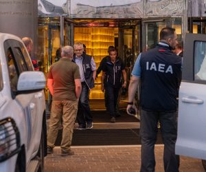 epa10148973 International Atomic Energy Agency (IAEA) Director-General Rafael Mariano Grossi (C) with other IAEA members depart from a hotel in Kyiv as they are expected to visit the Zaporizhzhya Nuclear Power Plant, Ukraine, 31 August 2022. IAEA Director-General Rafael Grossi leads an IAEA expert mission that comprises IAEA nuclear safety, security, and safeguards staff as they set for their official visit in Ukraine to the Zaporizhzhya Nuclear Power Plant (ZNPP).  EPA/ROMAN PILIPEY