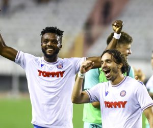 04.08.2022., stadion Poljud, Split - Prva utakmica 3. pretkola UEFA Konferencijske lige HNK Hajduk - Vitoria SC. Filip Krovinovic i Chidozie Awaziem.
Photo:   Photo: Miroslav Lelas/PIXSELL