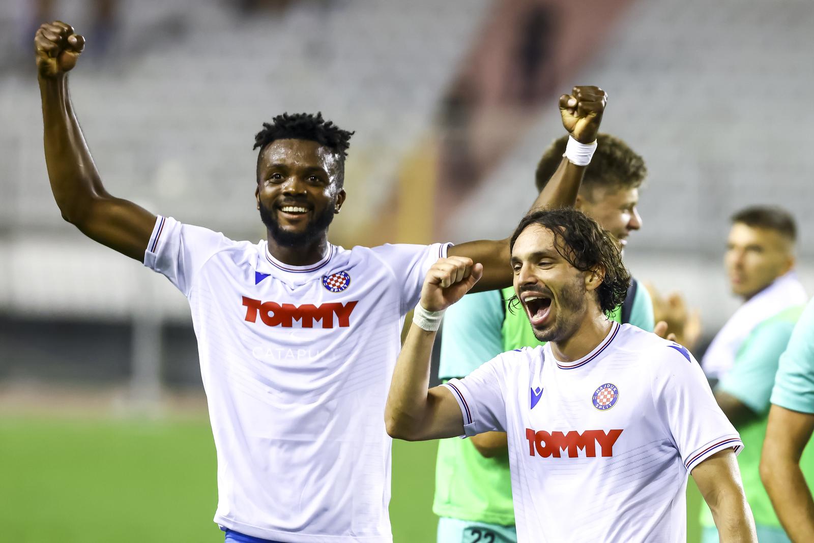 04.08.2022., stadion Poljud, Split - Prva utakmica 3. pretkola UEFA Konferencijske lige HNK Hajduk - Vitoria SC. Filip Krovinovic i Chidozie Awaziem.
Photo:   Photo: Miroslav Lelas/PIXSELL