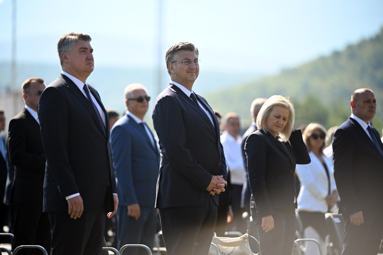 05.08.2022., Knin - Sredisnja svecanost obiljezavanja Dana pobjede i domovinske zahvalnosti, Dana hrvatskih branitelja i 27. obljetnice vojno-redarstvene operacije Oluja. Zoran Milanovic, Andrej Plenkovic, Gordan Jandrokovic  Photo: Davor Puklavec/PIXSELL