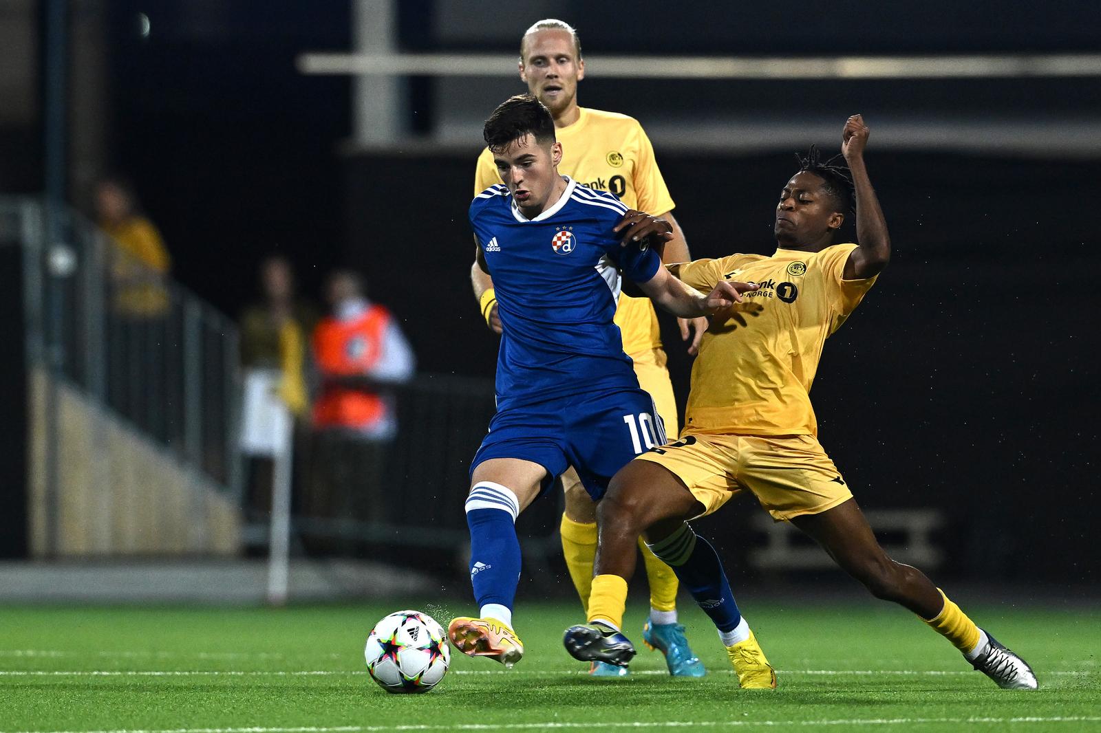 26.07.2022., stadion Aspmyra, Bodo, Norveska - Prva utakmica play-offa UEFA Lige prvaka, FK Bodo-Glimt - GNK Dinamo. Martin Baturina, Joel Mugisha Photo: Marko Lukunic/PIXSELL