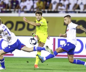 25.08.2022., stadion Poljud, Split - Uzvratna utakmica doigravanja za UEFA Konferencijsku Ligu, HNK Hajduk - Villarreal CF.Alfonso Pedraza ,Dino Mikanovic
 Photo: Miroslav Lelas/PIXSELL
