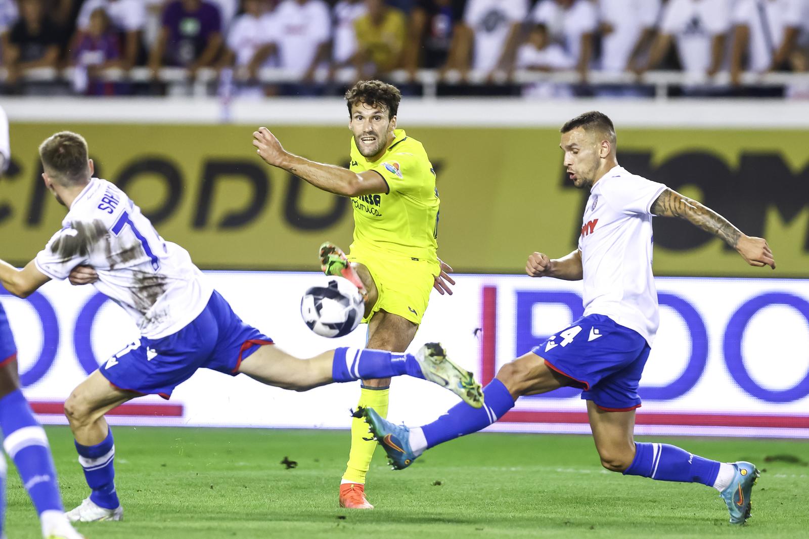 25.08.2022., stadion Poljud, Split - Uzvratna utakmica doigravanja za UEFA Konferencijsku Ligu, HNK Hajduk - Villarreal CF.Alfonso Pedraza ,Dino Mikanovic
 Photo: Miroslav Lelas/PIXSELL