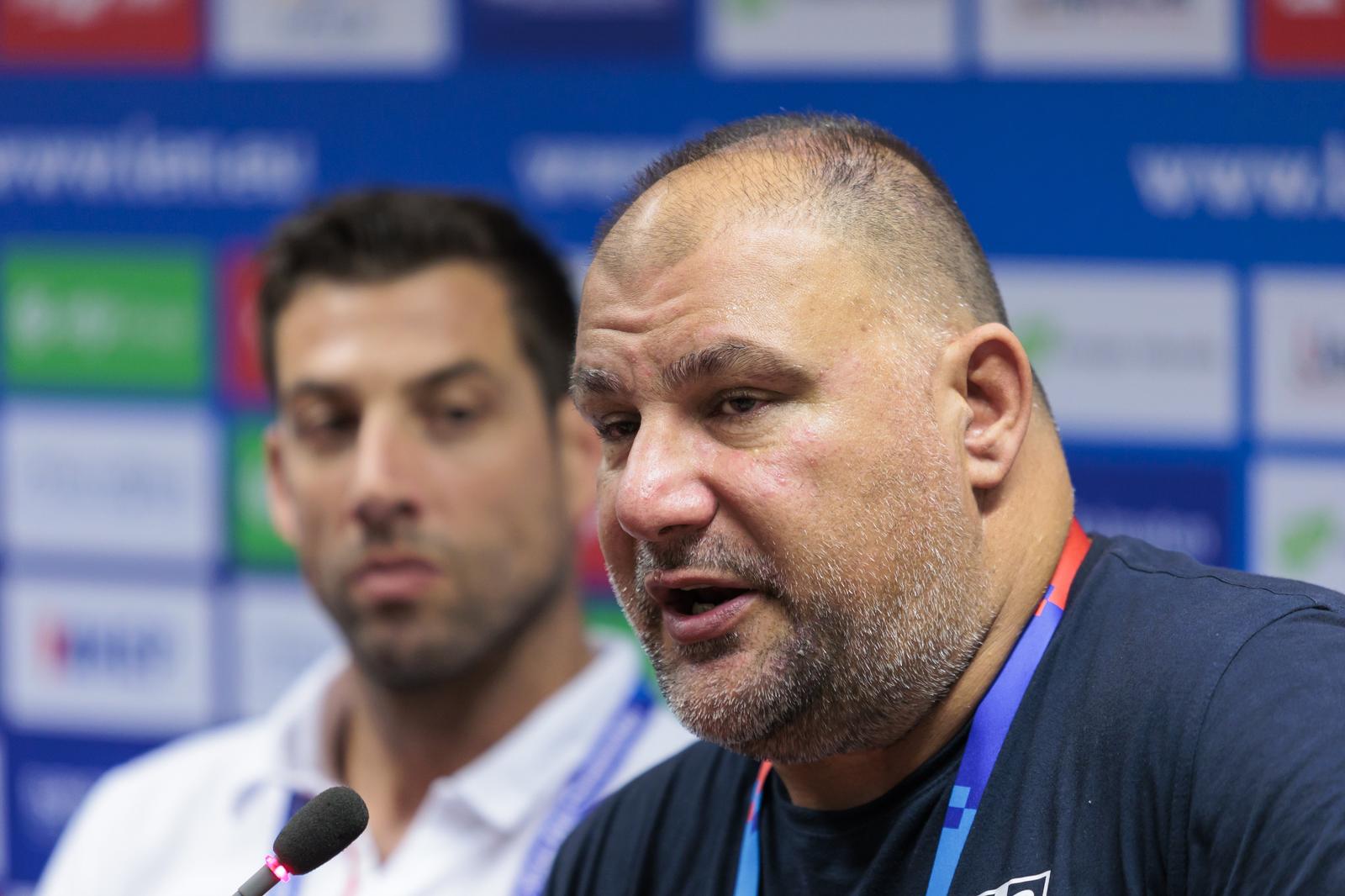 26.08.2022., Split - Konferencija za medije pred pocetak Europskog prvenstva u vaterpolu koje se odrzava u Spaladium Areni.
Milos Mracevic, Renato Zivkovic, Ivica Tucak
 Photo: Miroslav Lelas/PIXSELL