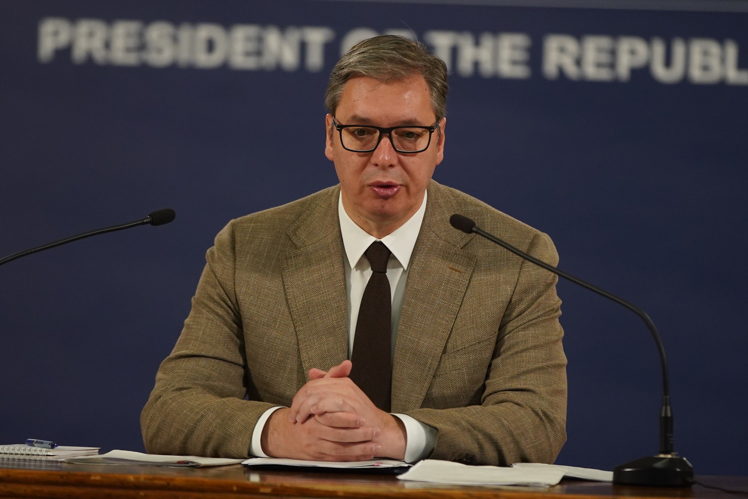 31, July, 2022, Belgrade - Address by the President of the Republic of Serbia, Aleksandar Vucic, to the public in the building of the General Secretariat of the President of the Republic. Aleksandar Vucic. Photo: Antonio Ahel/ATAImages

31, jul, 2022,  Beograd - Obracanje predsednika Republike Srbije Aleksandra Vucica  javnosti u zgradi Generalnog sekretarijata predsednika Republike. Photo: Antonio Ahel/ATAImages Photo: Antonio Ahel/ATAImages/PIXSELL
