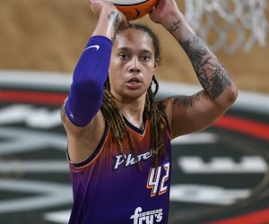 COLLEGE PARK, GA – AUGUST 21: Phoenix center Brittney Griner (42) shoots a free throw during the WNBA game between the Phoenix Mercury and the Atlanta Dream on August 21st, 2021 at Gateway Center Arena in College Park, GA. (Photo by Rich von Biberstein/Icon Sportswire) (Icon Sportswire via AP Images)