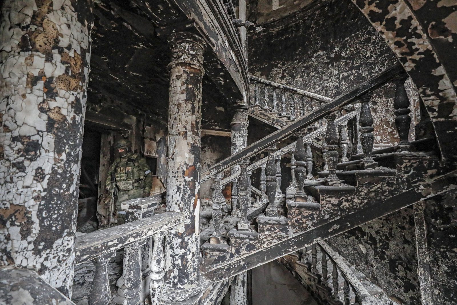 epa10134552 (FILE) - A picture taken during a visit to Mariupol organized by the Russian military shows destruction inside the destroyed Drama Theatre in Mariupol, Ukraine, 12 April 2022. (Issued 23 August 2022). Ukraine marks, on 24 August 2022, six months since the war with Russia started.  EPA/SERGEI ILNITSKY  ATTENTION: This Image is part of a PHOTO SET