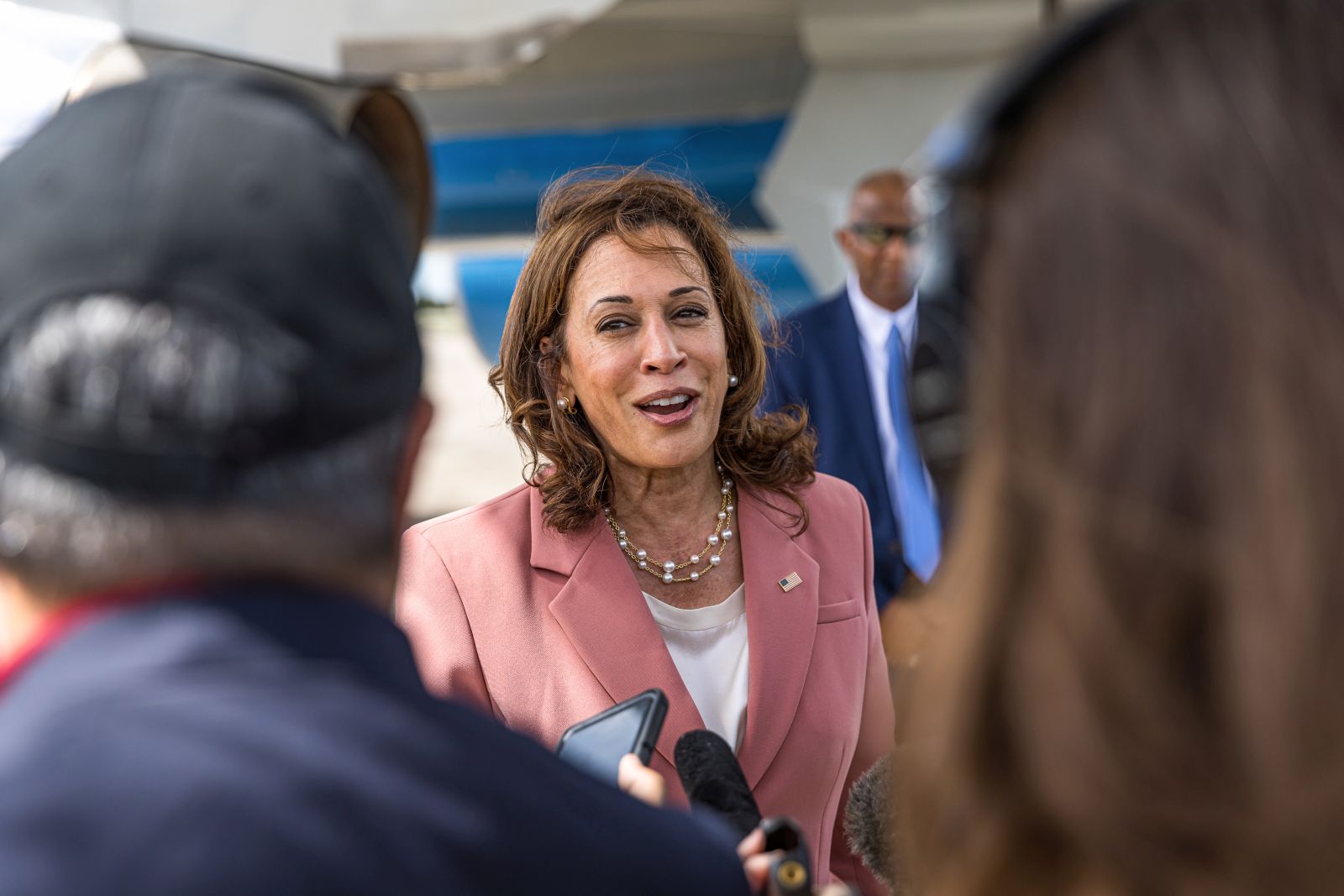 epa10145732 US Vice President Kamala Harris speaks to members of the media after a tour of Artemis II and III hardware after visiting to view NASA’s Space Launch System launch ahead of the Artemis I mission to lunar orbit at the agency’s Kennedy Space Center in Florida, USA, on 29 August 2022. The uncrewed space craft consists of the Space Launch System rocket and Orion spacecraft. The launch scheduled for today was scrubbed.  EPA/Alex G Perez / POOL