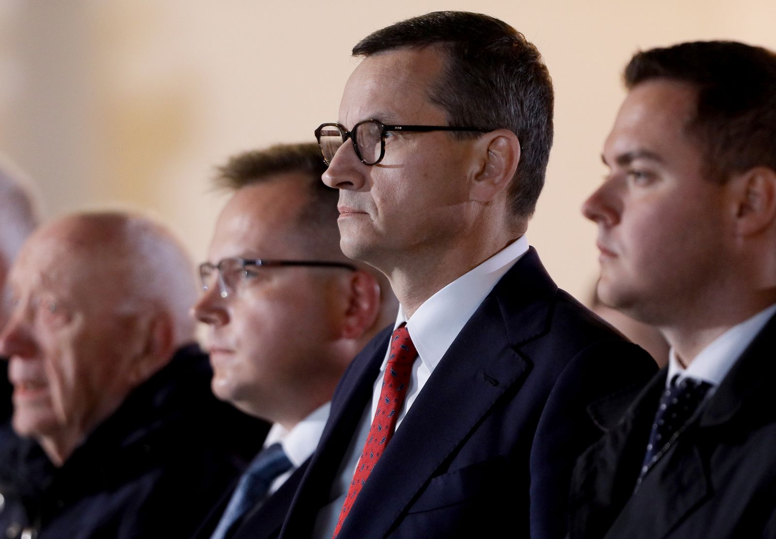 epa10151483 Polish Prime Minister Mateusz Morawiecki (2-R) during the celebration of the 83rd anniversary of the beginning of World War II in Europe, in Wielun, Poland, 01 September 2022. Wielun was heavily bombed by the Luftwaffe on 01 September 1939 during Nazi Germany’s invasion of Poland. The Bombing of Wielun is considered to be the first World War II bombing in Europe. It killed at least 127 civilians, injured hundreds more and destroyed the majority of the town.  EPA/TOMASZ WIKTOR POLAND OUT