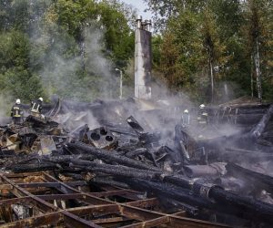 epa10158883 Firefighters extinguish a fire after a Russian rocket attack hit a restaurant complex in Kharkiv, Ukraine, 04 September 2022. Two main buildings and a summer pavilion on a total area of ??2,200 square meters were burned, according to the State Emergency Services. Kharkiv and surrounding areas have been the target of heavy shelling since February 2022, when Russian troops entered Ukraine starting a conflict that has provoked destruction and a humanitarian crisis.  EPA/SERGEY KOZLOV