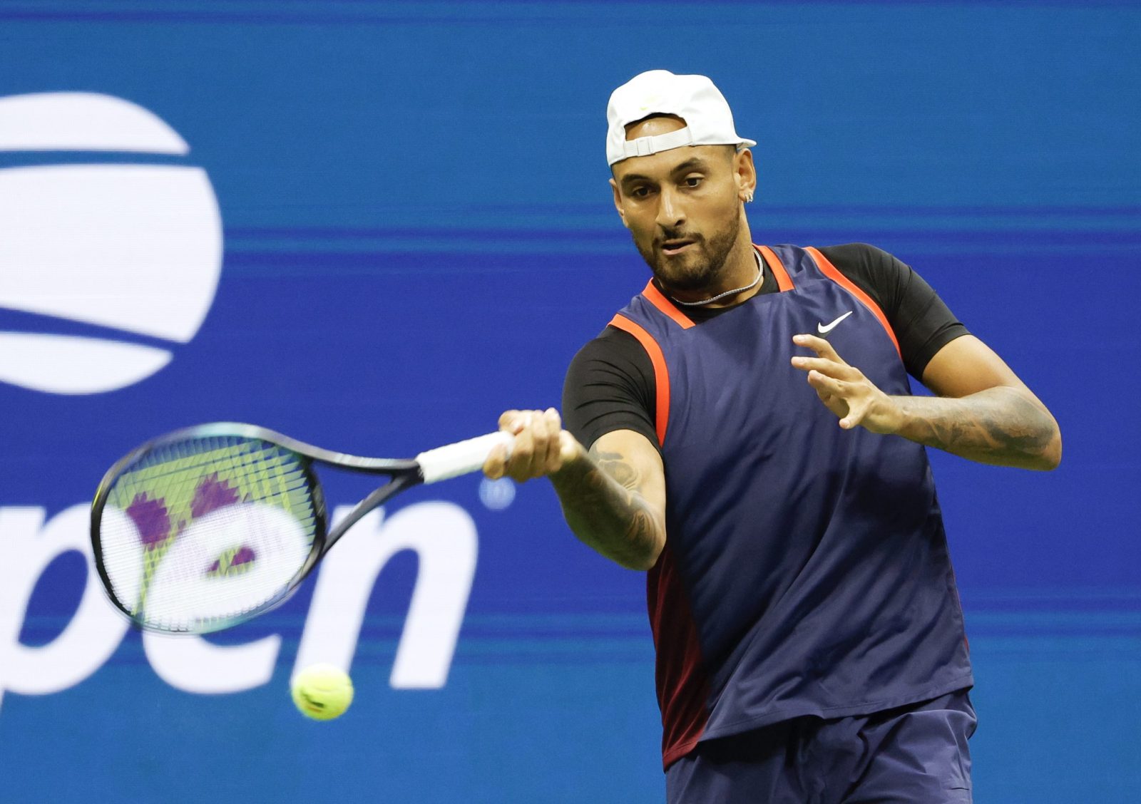 epa10165940 Nick Kyrgios of Australia in action against Karen Khachanov of Russia, during their quarterfinals match at the US Open Tennis Championships, at the USTA National Tennis Center in Flushing Meadows, New York, USA, 06 September 2022. The US Open runs from 29 August through 11 September.  EPA/JASON SZENES