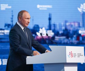 epa10166275 A handout photo made available by TASS Host Photo Agency shows Russian President Vladimir Putin deliveries his speech during a plenary session of the 2022 Eastern Economic Forum (EEF) in Vladivostok, Russia, 07 September 2022.  EPA/Stanislav Krasilnikov/TASS Host Photo Agency HANDOUT  HANDOUT EDITORIAL USE ONLY/NO SALES
