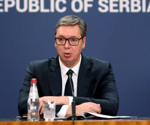 epa10166874 Serbian President Aleksandar Vucic attends a joint press conference with Turkish President Recep Tayyip Erdogan (not pictured) in Belgrade, Serbia, 07 September 2022. President Erdogan is on an official visit to Serbia.  EPA/ANDREJ CUKIC